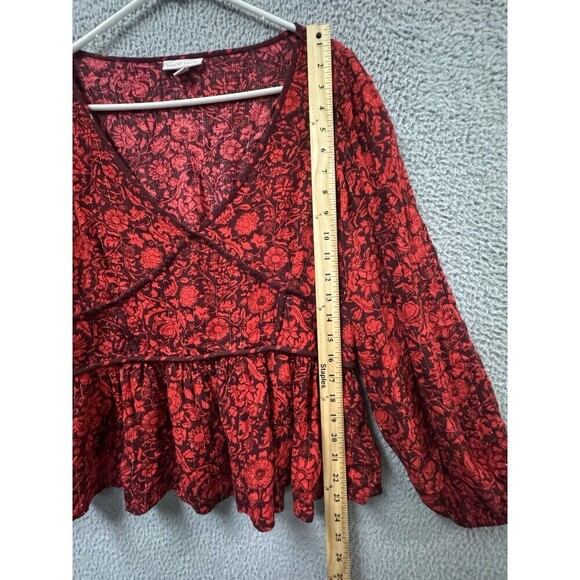 Knox Rose Blouse L Red Metallic Floral Long Sleeve V Neck Shirt Top - Picture 3 of 8